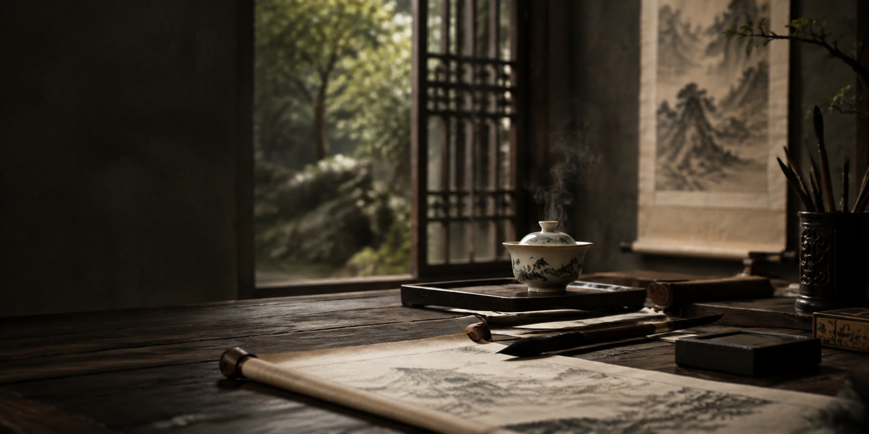 午后书斋中的盖碗茶、毛笔与水墨长卷